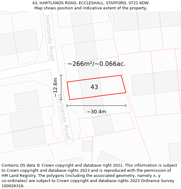 43, HARTLANDS ROAD, ECCLESHALL, STAFFORD, ST21 6DW: Plot and title map