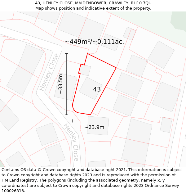 43, HENLEY CLOSE, MAIDENBOWER, CRAWLEY, RH10 7QU: Plot and title map