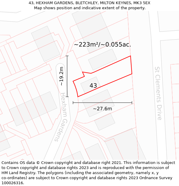 43, HEXHAM GARDENS, BLETCHLEY, MILTON KEYNES, MK3 5EX: Plot and title map