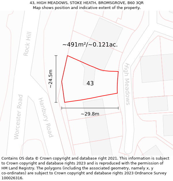 43, HIGH MEADOWS, STOKE HEATH, BROMSGROVE, B60 3QR: Plot and title map