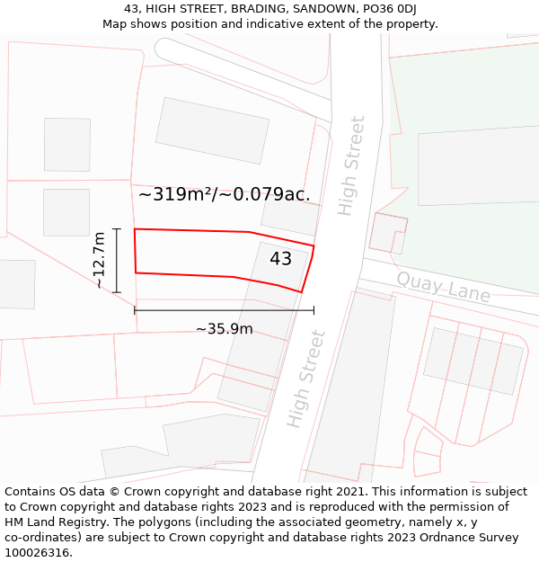 43, HIGH STREET, BRADING, SANDOWN, PO36 0DJ: Plot and title map