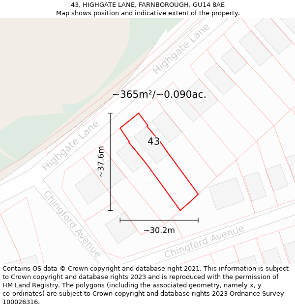 43, HIGHGATE LANE, FARNBOROUGH, GU14 8AE: Plot and title map