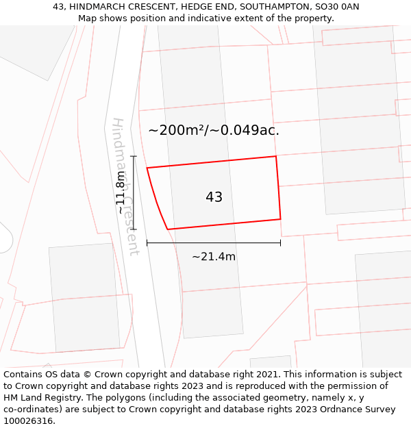 43, HINDMARCH CRESCENT, HEDGE END, SOUTHAMPTON, SO30 0AN: Plot and title map