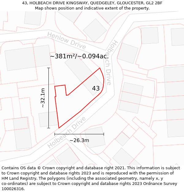 43, HOLBEACH DRIVE KINGSWAY, QUEDGELEY, GLOUCESTER, GL2 2BF: Plot and title map