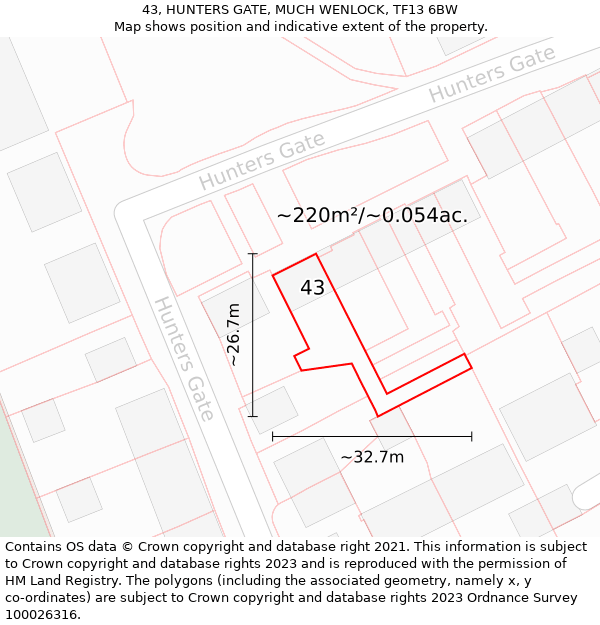 43, HUNTERS GATE, MUCH WENLOCK, TF13 6BW: Plot and title map