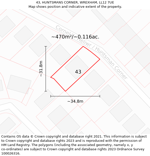 43, HUNTSMANS CORNER, WREXHAM, LL12 7UE: Plot and title map