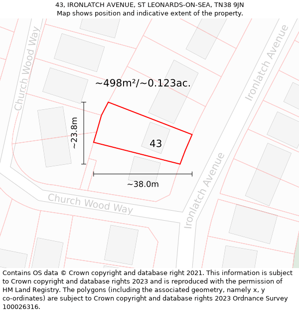 43, IRONLATCH AVENUE, ST LEONARDS-ON-SEA, TN38 9JN: Plot and title map