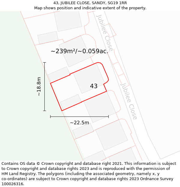 43, JUBILEE CLOSE, SANDY, SG19 1RR: Plot and title map
