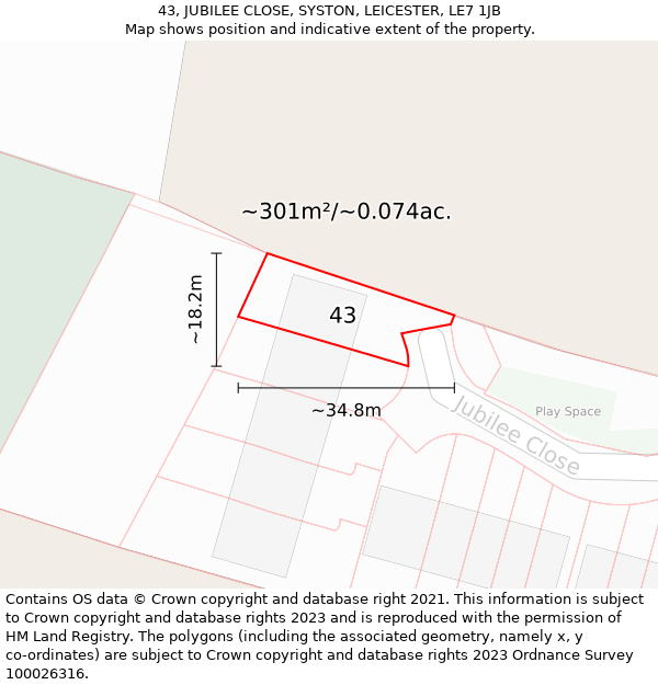 43, JUBILEE CLOSE, SYSTON, LEICESTER, LE7 1JB: Plot and title map