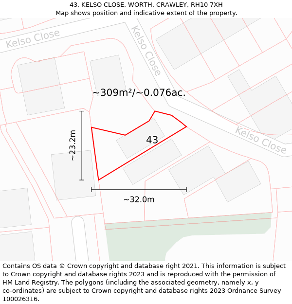 43, KELSO CLOSE, WORTH, CRAWLEY, RH10 7XH: Plot and title map