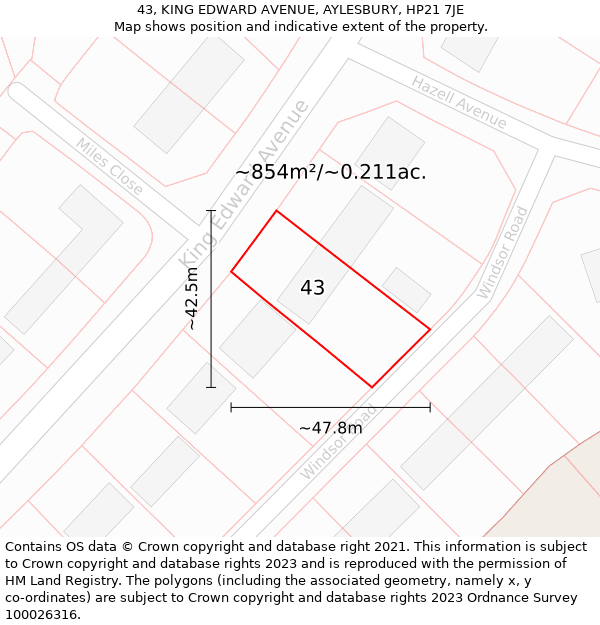 43, KING EDWARD AVENUE, AYLESBURY, HP21 7JE: Plot and title map