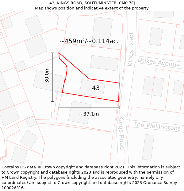 43, KINGS ROAD, SOUTHMINSTER, CM0 7EJ: Plot and title map