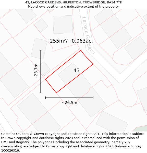 43, LACOCK GARDENS, HILPERTON, TROWBRIDGE, BA14 7TF: Plot and title map