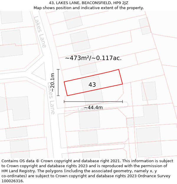 43, LAKES LANE, BEACONSFIELD, HP9 2JZ: Plot and title map