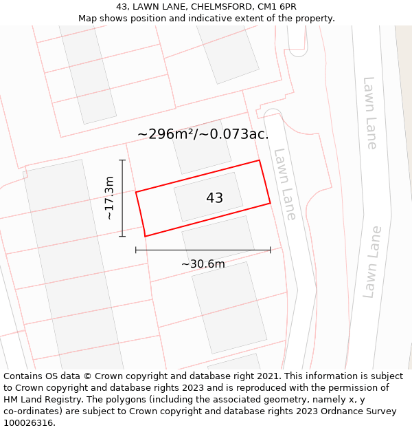 43, LAWN LANE, CHELMSFORD, CM1 6PR: Plot and title map