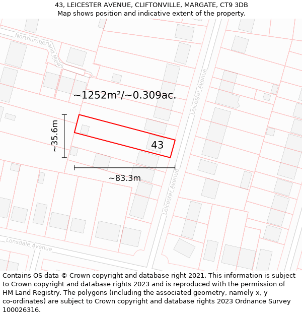 43, LEICESTER AVENUE, CLIFTONVILLE, MARGATE, CT9 3DB: Plot and title map