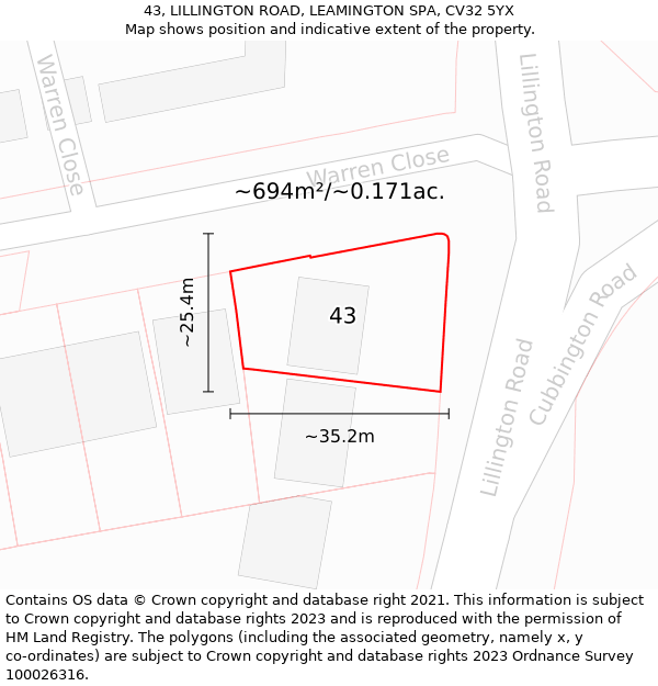 43, LILLINGTON ROAD, LEAMINGTON SPA, CV32 5YX: Plot and title map