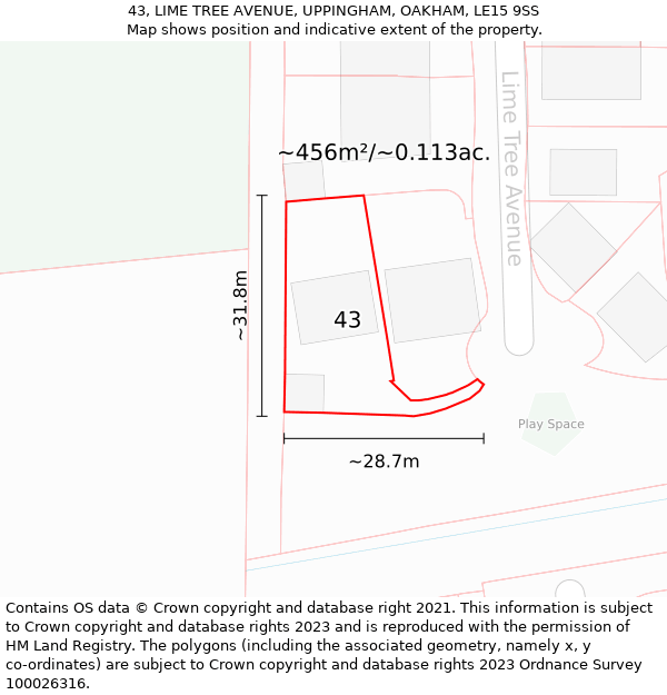 43, LIME TREE AVENUE, UPPINGHAM, OAKHAM, LE15 9SS: Plot and title map