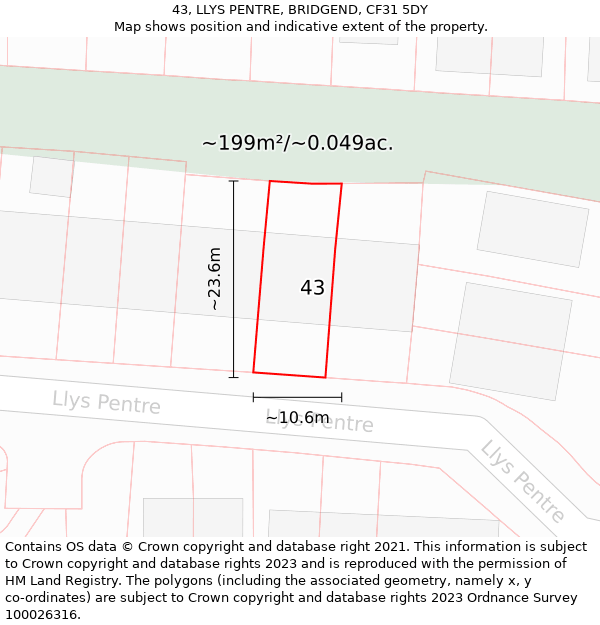 43, LLYS PENTRE, BRIDGEND, CF31 5DY: Plot and title map