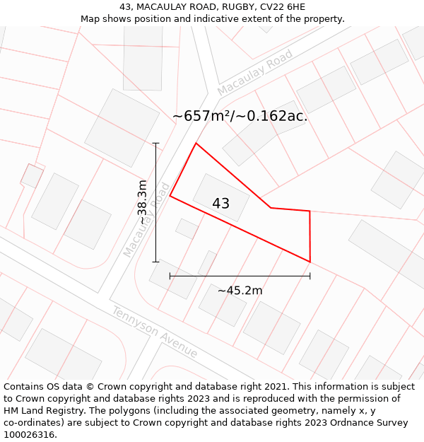 43, MACAULAY ROAD, RUGBY, CV22 6HE: Plot and title map