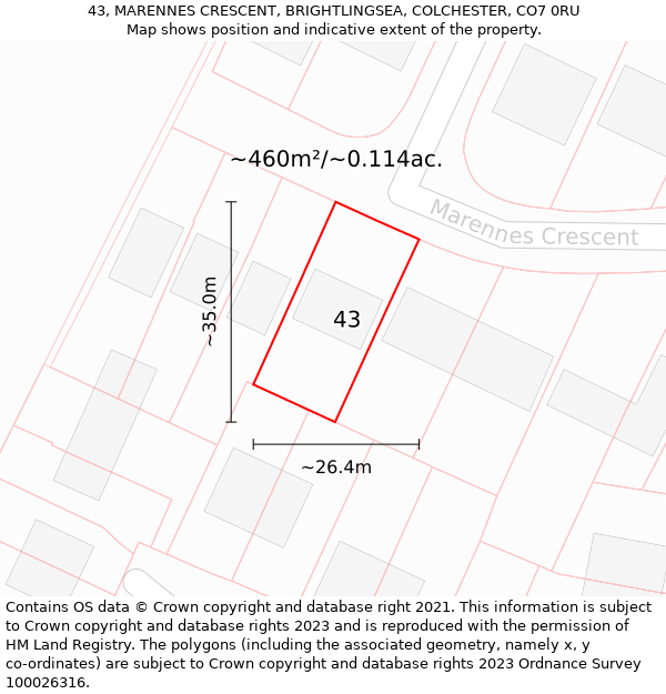 43, MARENNES CRESCENT, BRIGHTLINGSEA, COLCHESTER, CO7 0RU: Plot and title map