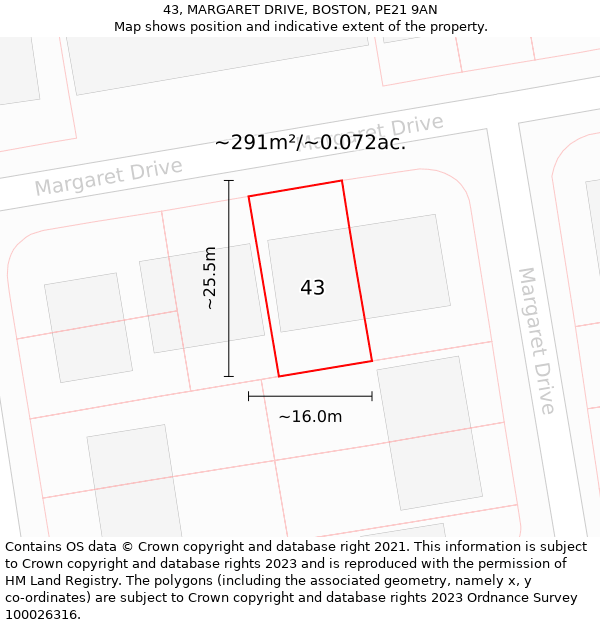 43, MARGARET DRIVE, BOSTON, PE21 9AN: Plot and title map