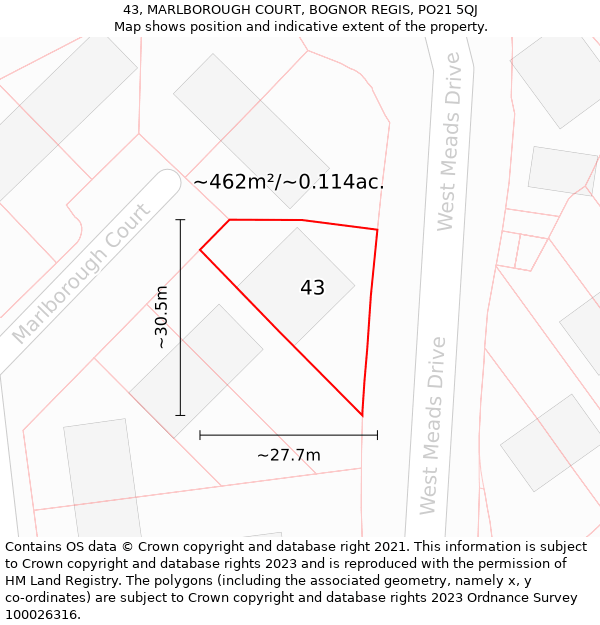 43, MARLBOROUGH COURT, BOGNOR REGIS, PO21 5QJ: Plot and title map