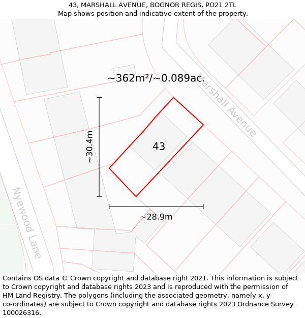 43, MARSHALL AVENUE, BOGNOR REGIS, PO21 2TL: Plot and title map