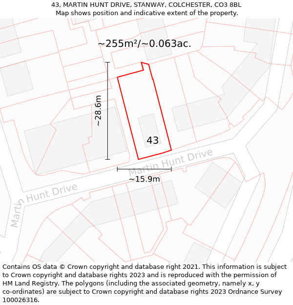 43, MARTIN HUNT DRIVE, STANWAY, COLCHESTER, CO3 8BL: Plot and title map