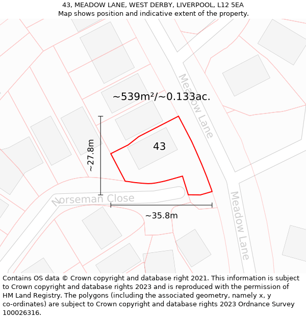 43, MEADOW LANE, WEST DERBY, LIVERPOOL, L12 5EA: Plot and title map