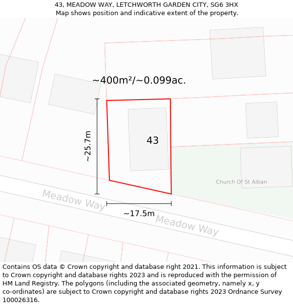 43, MEADOW WAY, LETCHWORTH GARDEN CITY, SG6 3HX: Plot and title map