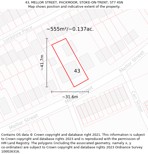 43, MELLOR STREET, PACKMOOR, STOKE-ON-TRENT, ST7 4SN: Plot and title map