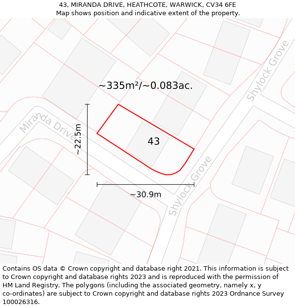 43, MIRANDA DRIVE, HEATHCOTE, WARWICK, CV34 6FE: Plot and title map