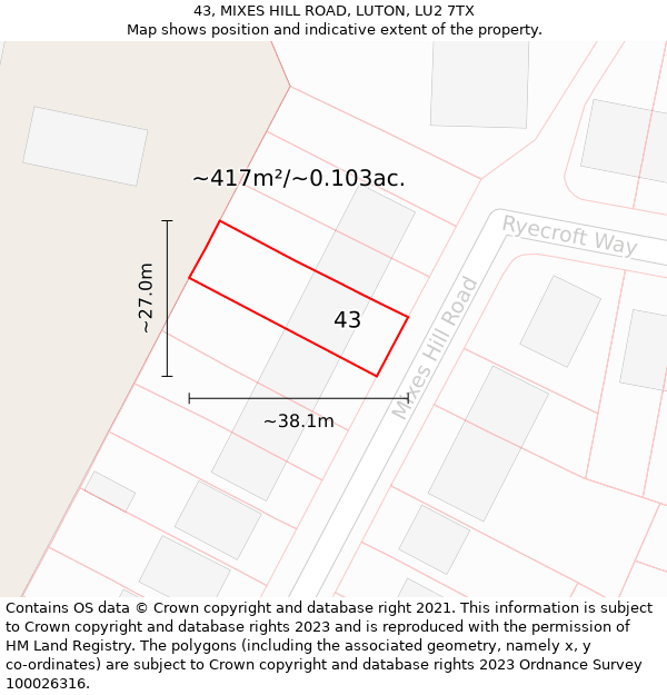 43, MIXES HILL ROAD, LUTON, LU2 7TX: Plot and title map