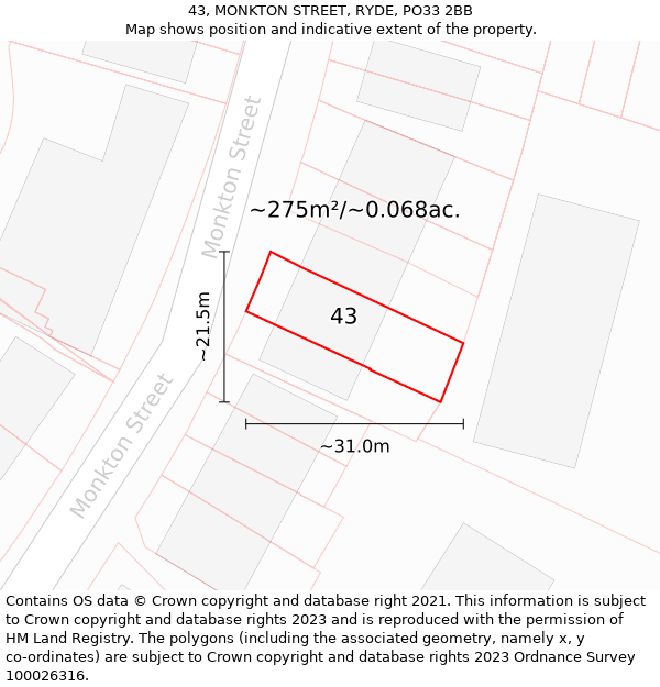 43, MONKTON STREET, RYDE, PO33 2BB: Plot and title map