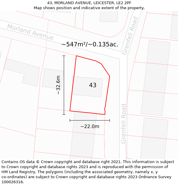 43, MORLAND AVENUE, LEICESTER, LE2 2PF: Plot and title map