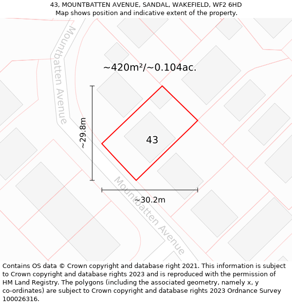 43, MOUNTBATTEN AVENUE, SANDAL, WAKEFIELD, WF2 6HD: Plot and title map