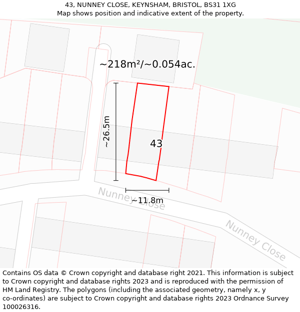 43, NUNNEY CLOSE, KEYNSHAM, BRISTOL, BS31 1XG: Plot and title map