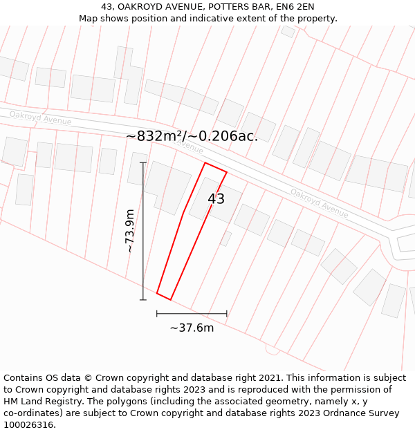 43, OAKROYD AVENUE, POTTERS BAR, EN6 2EN: Plot and title map