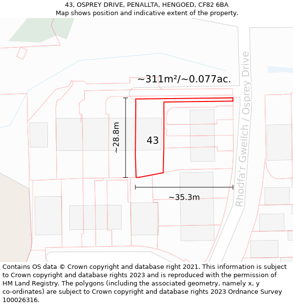 43, OSPREY DRIVE, PENALLTA, HENGOED, CF82 6BA: Plot and title map