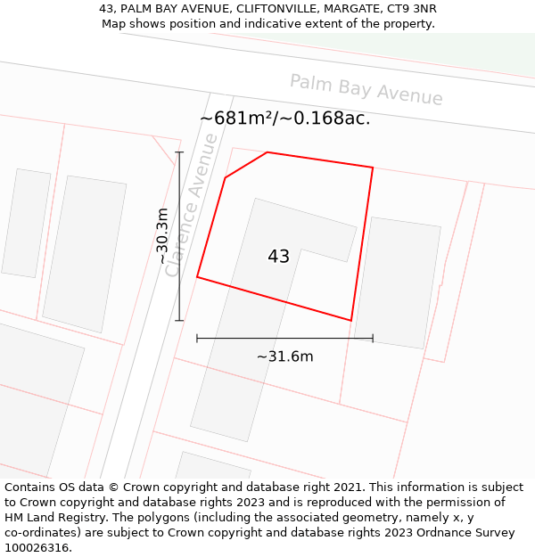 43, PALM BAY AVENUE, CLIFTONVILLE, MARGATE, CT9 3NR: Plot and title map