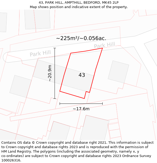 43, PARK HILL, AMPTHILL, BEDFORD, MK45 2LP: Plot and title map