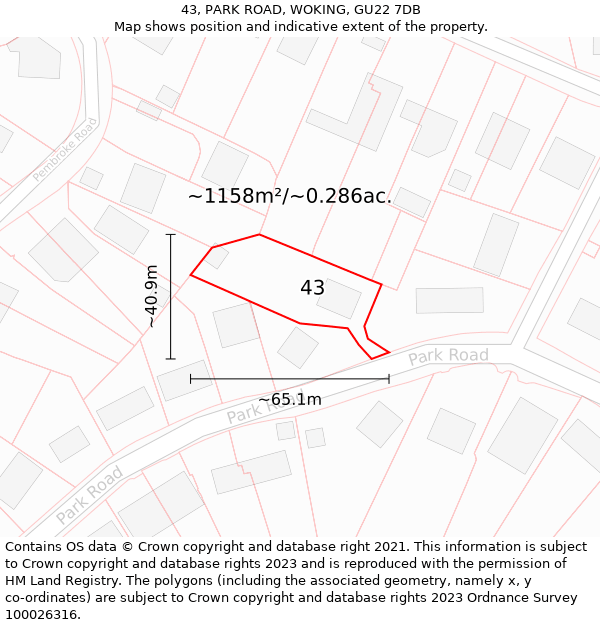 43, PARK ROAD, WOKING, GU22 7DB: Plot and title map