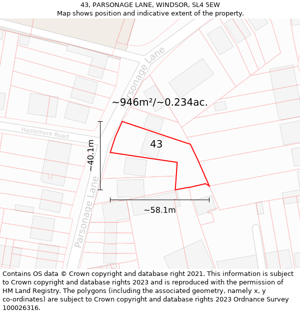 43, PARSONAGE LANE, WINDSOR, SL4 5EW: Plot and title map