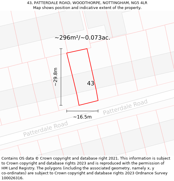 43, PATTERDALE ROAD, WOODTHORPE, NOTTINGHAM, NG5 4LR: Plot and title map