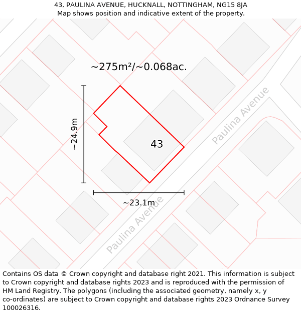 43, PAULINA AVENUE, HUCKNALL, NOTTINGHAM, NG15 8JA: Plot and title map