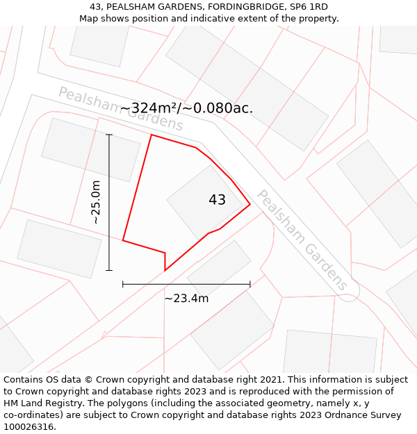 43, PEALSHAM GARDENS, FORDINGBRIDGE, SP6 1RD: Plot and title map