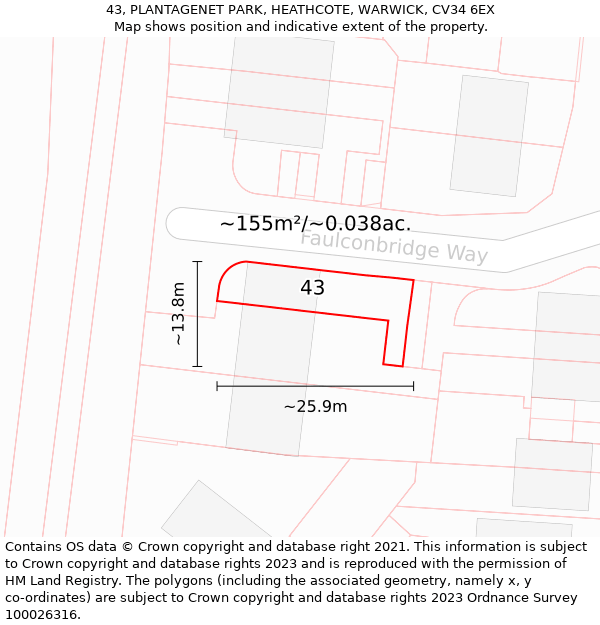 43, PLANTAGENET PARK, HEATHCOTE, WARWICK, CV34 6EX: Plot and title map