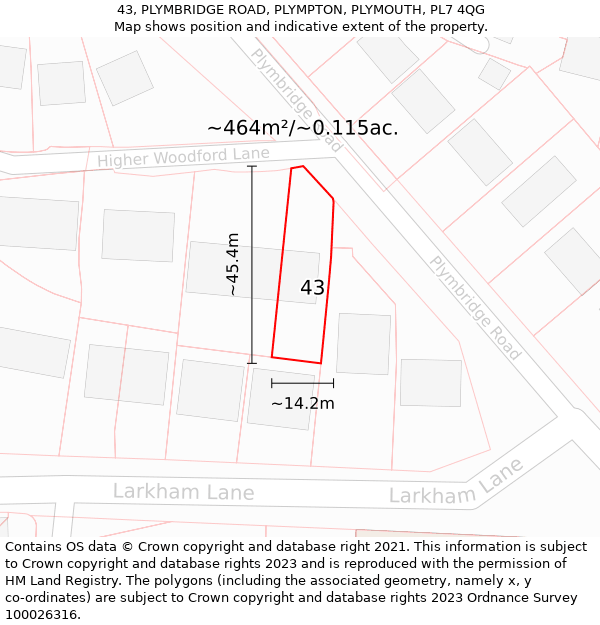 43, PLYMBRIDGE ROAD, PLYMPTON, PLYMOUTH, PL7 4QG: Plot and title map