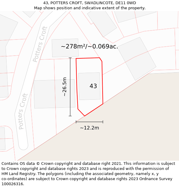 43, POTTERS CROFT, SWADLINCOTE, DE11 0WD: Plot and title map